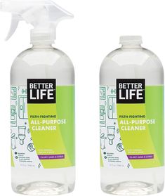 two bottles of cleaning products on a white background with the words better life written in black