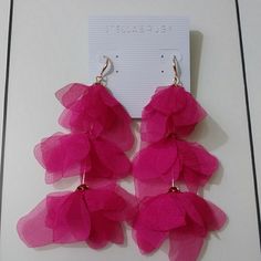 Beautiful Chiffon Petals Earrings, Fuschia Color Drop Earrings For Spring Party, Spring Party Drop Earrings, Elegant Summer Flower Earrings With Ear Wire, Elegant Dangle Flower Earrings For Beach, Chic Pink Flower Earrings For Party, Elegant Party Earrings For Spring, Elegant Spring Party Earrings, Feminine Summer Wedding Earrings, Feminine Party Earrings With Ear Wire