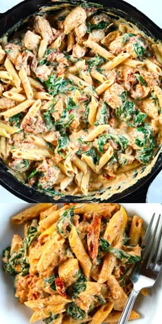 pasta with chicken and spinach in a skillet next to a bowl of sauce