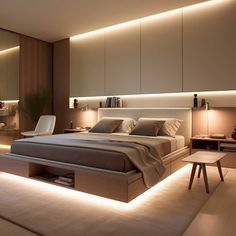 a modern bedroom is lit up with dim lighting