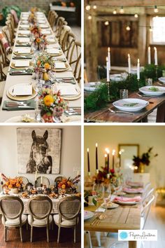 a collage of photos with candles, plates and flowers on the dining room table