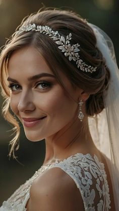 a woman wearing a bridal veil and tiara smiles at the camera with her hair pulled back