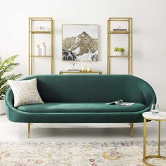 a living room with a green couch and gold shelving