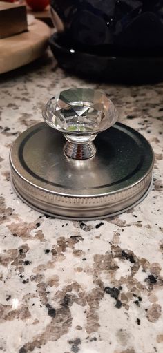 This beautiful lid will fit any WIDE MOUTH Mason jar as pictured, big or little. The 40 mm crystal knob is securely attached to the lid (see picture). Silver Mason Jars, Wide Mouth Mason Jars, Mason Jar Lids, Crystal Knobs, Kitchen Jars Storage, Jar Containers, Storage Jars, Clear Crystal, Mason Jars