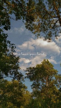 trees and clouds with the words love you lord written in white on it's side