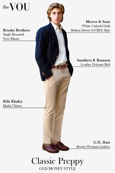 The classic Preppy Old Money look 🎩 showcases timeless pieces like a navy Brooks Brothers blazer, crisp white Mercer & Sons OCBD shirt, and stylish G.H. Bass Weejuns loafers. The leather Smathers & Branson belt adds a refined touch. 👔 Exude sophistication and confidence with these iconic preppy staples that never go out of fashion. Ready to upgrade your wardrobe? Visit The VOU to discover more about the enduring appeal of the Old Money aesthetic! Preppy Masculine Outfits, Old Money Outfits Men Formals, Old Money Loafers, Ocbd Shirt, Preppy Style Men, Mans Clothes, Weejuns Loafers