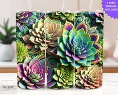 two tumblers with colorful succulents on them