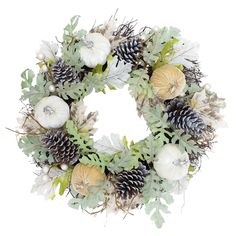 a wreath with pine cones and white pumpkins