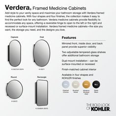 The Verdera framed medicine cabinet combines an elegant fit and finish with quick, easy installation. The optimal storage space, adjustable glass shelves, and mirrored interior make your daily routine more efficient and less cluttered. The unique half-shelf accessory neatly expands storage space for toiletries of various sizes. KOHLER Verdera 23.625-in x 23.625-in Surface/Recessed Mount Brushed Nickel Mirrored Round Medicine Cabinet in Light | 35572-BNL Round Medicine Cabinet, Kohler Medicine Cabinet, Brushed Nickel Mirror, Framed Medicine Cabinet, Black Round Mirror, Bathroom Ambiance, Recessed Medicine Cabinet, Mirror Panel, Primary Bath