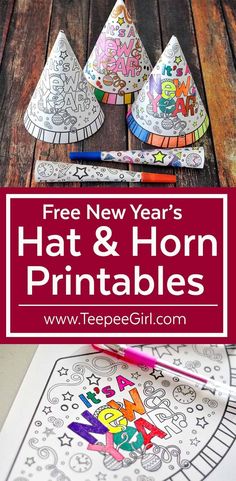 three new year's hats and horn printables with the title free new year's hat and horn printables