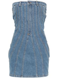 indigo blue cotton blend denim bustier-style neckline rear zip fastening spiraling panels strapless belt loops classic five pockets logo patch to the rear unlined straight hem Denim Bustier Outfit, Mugler Denim, Tokyo Dark, Bustier Outfit, Bustier Mini Dress, Strapless Denim Dress, Denim Bustier, Outfit References, Denim Dresses