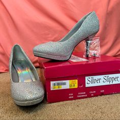 Silver Slipper Rhinestone 10w Formal Shoes. Lightly Worn And Clean Shoes - No Stains Or Missing Stones. Size 10w Comes With Box/Packaging And Replacement Heel Pads Synthetic Round Toe Heels With Rhinestones, Synthetic Heels With Glitter Accents And Round Toe, Silver Slippers, Shoes Silver, Clean Shoes, Shoes Color, Slipper Shoes, Formal Shoes, Box Packaging