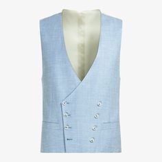 This double-breasted light blue waistcoat is tailored slim with a rear adjustment strap from a wool-silk-linen blend by Italy's E.Thomas mill. Spring Business Vest With Button Closure, Classic Sleeveless Spring Suits, Classic Summer Business Vest, Tailored Formal Vest For Summer, Spring Tailored Vest With Buttons, Tailored Summer Vest For Formal Occasions, Formal Blue Vest With Buttons, Formal Single-breasted Vest For Spring, Elegant Blue Summer Vest