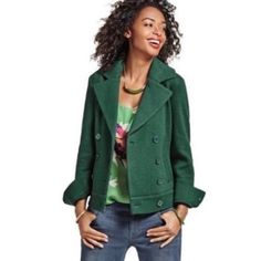 Cabi Sweet Pea Coat Love Carol Collection Green Knit Blazer Size S With Tags Very Good Pre-Owned Condition, No Stains Or Holes 67% Cotton, 33% Acrylic Armpit To Armpit Laying Flat 18.5" Shoulder To Hem 23" Arm Inseam 18" Casual Green Pea Coat For Fall, Casual Green Double-breasted Pea Coat, Casual Green Double-breasted Outerwear, Green Collared Fall Blazer, Casual Wool Sweater Coat For Spring, Casual Long Sleeve Spring Pea Coat, Green Long Sleeve Pea Coat For Fall, Casual Spring Wool Outerwear, Casual Wool Outerwear For Spring