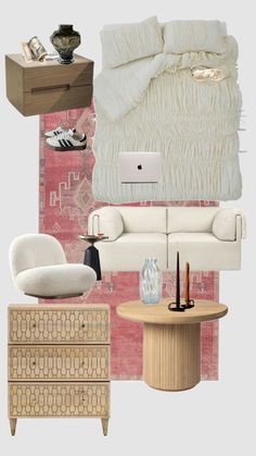 a living room with white furniture and pink walls