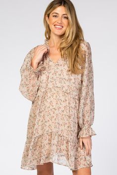 Cream Floral Chiffon Ruffle Hem Maternity Dress – PinkBlush Spring Long Sleeve Flowy Maternity Dress, Flowy Long Sleeve Maternity Dress For Spring, Spring Maternity Dress With Floral Print For Brunch, Spring Maternity Dress With Ruffle Hem, Pink Long Sleeve Maternity Dress For Spring, Spring Ruffle Maternity Dress, Spring Maternity Dress With Ruffles, Casual Ruffled Maternity Dress For Brunch, Casual Flowy Maternity Dress With Ruffles