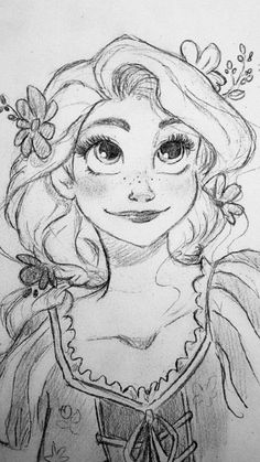 a drawing of a girl with flowers in her hair