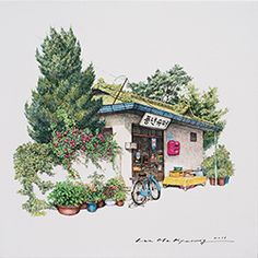 a watercolor painting of a small building with flowers and plants in front of it