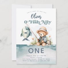 a birthday card with a teddy bear fishing on the water and a fish in it