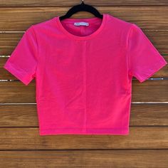 Stretchy Material Never Worn Nwot Hot Pink, Super Cute! L: 16.5” Pit To Pit: 15” Zara Pink Casual T-shirt, Pink Stretch Basic Crop Top, Basic Pink Stretch Crop Top, Basic Stretch Pink Crop Top, Basic Pink Short Sleeve Crop Top, Pink Crop Top T-shirt For Spring, Pink Casual Crew Neck Crop Top, Casual Pink Crop Top With Crew Neck, Casual Pink Crew Neck Crop Top