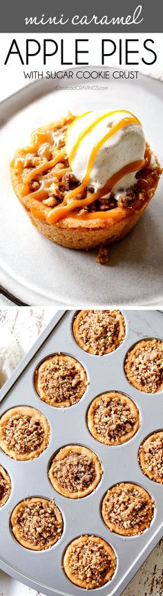 apple pies with sugar cookie crust on a white plate and in a muffin tin