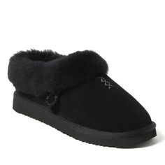 Fireside by Dearfoams Adelaide Genuine Shearling Clog features genuine cow suede upper with a genuine shearling oversized cuff, lining and footbed. Size: 6.  Color: Black.  Gender: female.  Age Group: adult. House Shoes Slippers, Suede Moccasins, Clog Slippers, Moccasins Slippers, House Shoes, House Slippers, Mama Bear, Comforters Cozy, Black Shoes