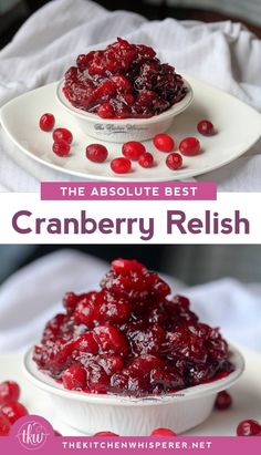 cranberry relish in a white bowl on a plate with text overlay