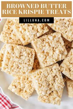 rice krispy treats on a plate with text overlay that reads brownie butter rice krispie treats