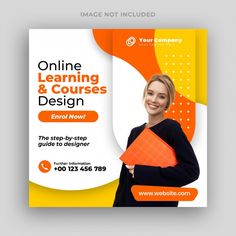 a woman holding an orange piece of paper with the words online learning and courses design on it