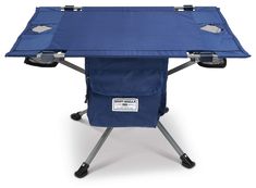 a blue folding table with wheels on it