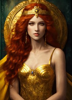 Lexica - Greek goddess with red hair and yellow eyes. royal portrait Red Hair Amber Eyes, Red Hair Yellow Eyes, Amber Eyes, Golden Crown, Golden Eyes, Yellow Eyes, Gold Eyes