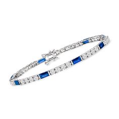 3.70 ct. t.w. CZ and 3.20 ct. t.w. Simulated Sapphire Tennis Bracelet in Sterling Silver. 7.5" | Ross-Simons Classic Baguette Cut Cubic Zirconia Tennis Bracelet, Classic White Gold Tennis Bracelet With Gemstone, Formal Cubic Zirconia Tennis Bracelet With Gemstones, Formal Cubic Zirconia Gemstone Tennis Bracelet, Classic Gemstone Tennis Bracelet For Anniversary, Sapphire Tennis Bracelet, Safety Box, Sapphire Birthstone, Diamond Videos