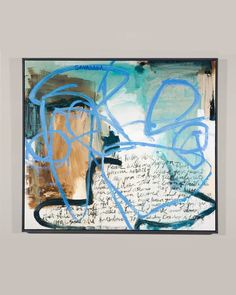 an abstract painting with blue lines and writing on the bottom right side of the frame