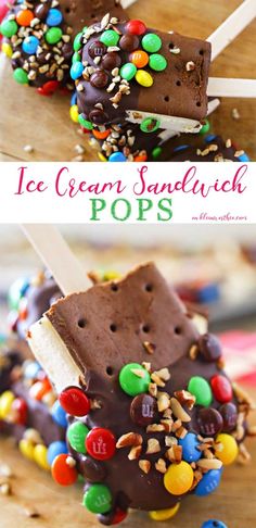 ice cream sandwich pops with candy and candies on top are shown in two different pictures