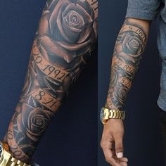 a man's arm with tattoos and gold bracelets on his left wrist, and another tattoo design on his right arm