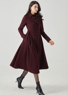 "FEATURES 50% wool blend, 50% fiber, nylon Polyester lining Notched collar Long sleeve Double breasted Two side pockets Fit and flare Regular fit Mid calf Perfect for winter, autumn You can get the style in more colors. https://etsy.me/3ZiHfev ★★Mode size Height 170cm (5′ 7″)  Bust 84 cm (33\")  Waist 66 cm (26\")  She wears size XS. ★★Bespoke Order Service If you Request other color Request the length Your height is not between 155 cm- 175 cm Your weight is not between 47 kg -77 kg I can do it Burgundy Long Sleeve Outerwear For Office, Burgundy Long Sleeve Office Outerwear, Burgundy Lapel Collar Outerwear For Winter, Burgundy Outerwear With Lapel Collar For Winter, Burgundy Winter Outerwear For Office, Burgundy Winter Formal Outerwear, Formal Burgundy Outerwear With Buttons, Burgundy Winter Outerwear With Buttons, Classic Burgundy Winter Outerwear