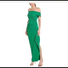 Nwt. Gorgeous Figure Hugging Off The Shoulder Dress W/ Cascading Ruffle Hem On Side And Side Zipper Green Sheath Maxi Dress For Formal Occasions, Green Sheath Maxi Dress For Cocktail, Green Draped Maxi Dress For Formal Occasions, Elegant Green Draped Dress, Green Pre-draped Maxi Dress For Cocktail, Green Pre-draped Cocktail Dress, Green Pre-draped Ruched Dress, Green Ruched Off-shoulder Maxi Dress, Green Stretch V-neck Sleeveless Dress