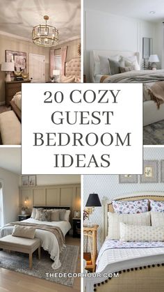 the collage shows different types of bedding and furniture in this bedroom with text overlay that reads, 20 cozy guest bedroom ideas