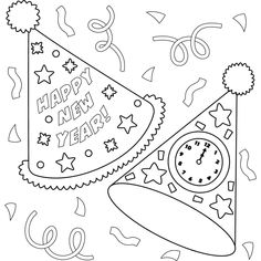 a happy new year coloring page with a party hat and clock on it's side