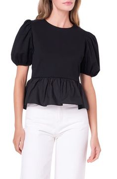 Turn on the charm in this mixed-media top designed with a poplin peplum and puff sleeves. Back keyhole with button-and-loop closure Jewel neck Short sleeves 65% cotton, 35% polyester with 100% cotton contrast Hand wash, dry flat Imported Workwear Tops With Ruffles And Balloon Sleeves, Ruffled Balloon Sleeve Tops For Work, Balloon Sleeve Ruffled Tops For Workwear, Balloon Sleeve Ruffled Tops For Work, Chic Cotton Puff Sleeve Top With Balloon Sleeves, Chic Cotton Puff Sleeve Top, Cotton Puff Sleeve Top With Ruffles, Chic Peplum Top With Puff Sleeves And Ruffle Hem, Chic Fall Peplum Top With Puff Sleeves