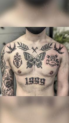 a man with many tattoos on his chest