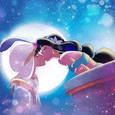 an animated image of two people kissing in front of a full moon and stars background