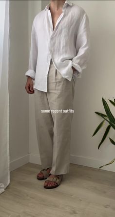 Men Linen Outfit Summer, Linen Outfit Summer, Linen Outfit, Minimalist Fashion Men, Classy Outfits Men, Breathable Clothes, Mens Casual Outfits Summer