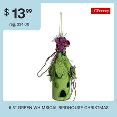 a green birdhouse christmas ornament is on sale for $ 13 99 reg $ 34 00