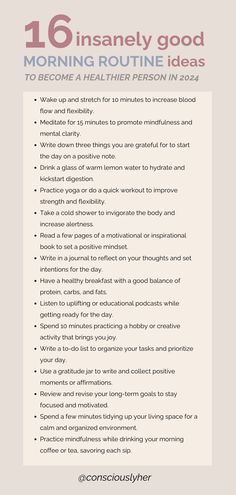 Looking to revamp your morning routine? Check out these 16 inspiring and practical morning routine ideas to kickstart your day on a positive note. From meditation and exercise to journaling and healthy breakfast options, discover new ways to energize and set a productive tone for the rest of your day. Start your mornings right and maximize your daily potential with these simple yet effective routines Good Morning Routine, Create A Routine, Morning Routine Ideas, Morning Routine Checklist, Week Schedule, Routine Ideas, A Morning Routine, Healthy Morning Routine