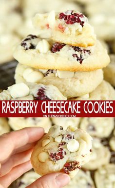 raspberry cheesecake cookies are stacked on top of each other with white chocolate chips