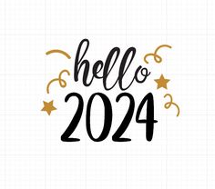 the words hello 2021 written in black and gold on a white background with confetti sprinkles