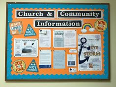 a bulletin board with information about the church and community in orange, blue, and white