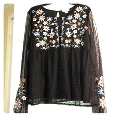 Sheer With Inner Lining Beautiful Flower Embroidery Black Long Sleeve Blouse For Spring, Chic Embroidered Top For Spring Brunch, Black Embroidered Top For Spring, Black Long Sleeve Embroidered Top, Black Long Sleeve Embroidered Top For Summer, Black Embroidered Long Sleeve Top For Summer, Fall Black Top With Floral Embroidery, Fitted Black Embroidered Top For Fall, Black Long Sleeve Embroidered Top With Floral Print