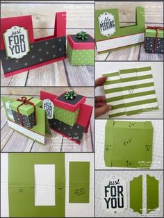 the steps to making a card box with paper and ribbon on it, including instructions for how